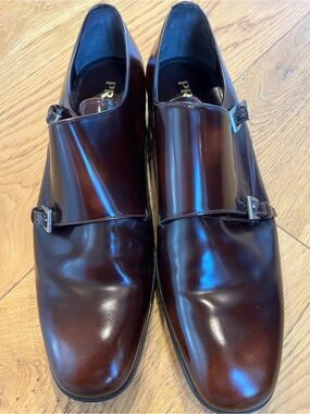 Prada Calzature Uomo Spazzolato Fume Men's Double Strap Leather Shoes Dark Brown